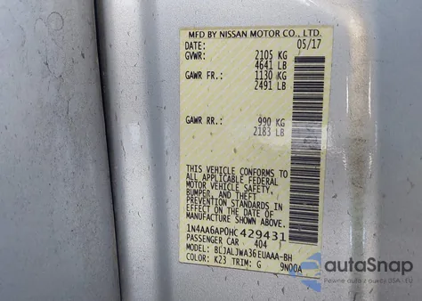 2017 Nissan Maxima 3.5 Sv из США, поврежденный, VIN 1N4AA6AP0HC429431